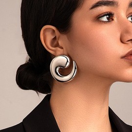 Chunky Big Spiral Statement Earrings for Women Teen Girls, 14K Gold Large Swirl Drop Dangle Earrings Exaggerated Geometric Ear Jewelry Accessories (Silver)