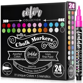 Loddie Doddie Liquid Chalk Markers - Pack of 24, 1mm Fine Tip, Multicolor - Erasable Non-Toxic Ink & Window Markers - Smooth Fine Lines with Chalk Paint Finish for Vendor Booth Display Items