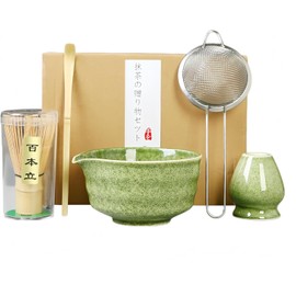 Generisch Traditional Japanese Matcha Tea Ceremony Set 5 Piece with Bowl, Holder and Strainer Green