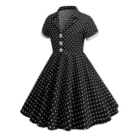 IWEMEK Girls Short Sleeve Notch Lapel Vintage V-Neck Cocktail Swing Dress Buttons Retro 1950s Polka Dot Kids Audrey Hepburn Rockabilly Pleated A line Tea Party Black-Lapel 8-9 Years