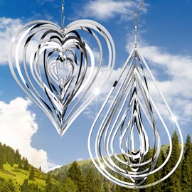 2 Spinners de Viento Esculturas de Viento 3D Campanada de Viento de Patio con Espejo de Acero Inoxidable Fluido Decoración de Jardín para Regalo de San Valentin (Plata)