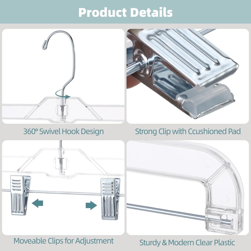 20 Pcs Clear Plastic Pant Hangers with Clips - 14"