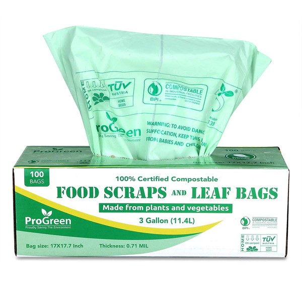 ProGreen 100% Compostable Trash Bags 3 Gallon, Extra Thick 0.71 Mil, 100 Count, Small Kitchen Compost Bin Bags, Food Scraps Yard Waste Bags, Compost ASTM D6400 BPI and TUV AUSTRIA Certified