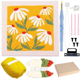 Punch Needle Embroidery Set for Beginners - Frame Punch Needle Embroidery Starter Kit Section Embroidery DIY Embroidery Set for Adults, Craft Gift Kit with Floral Pattern, Embroidery Hoop, Yarns