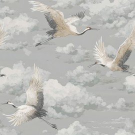 Vintage Crane and Cloud Peel and Stick Wallpaper, East Asian Art Wallpaper