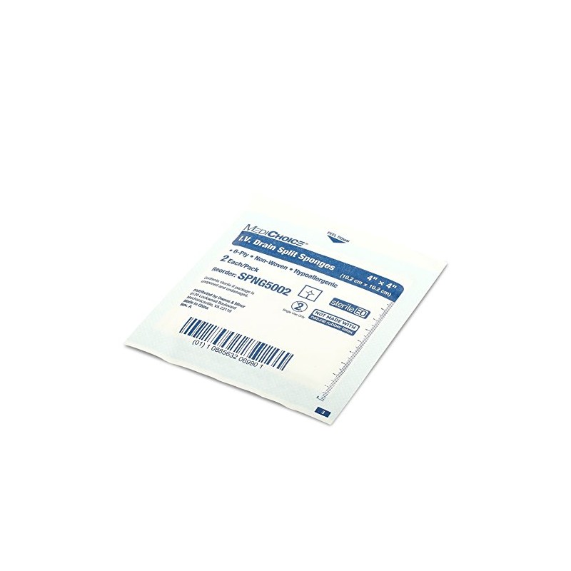 MediChoice IV Drain Split Sponge, Non-Woven, Sterile, Hypoallergenic, 4x4 Inch,