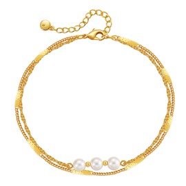 Yumikoo 18k Gold Plated Anklet Pearl Double Chain Ankle Bracelets for Women