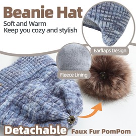 Women Winter Beanie Hat Scarf Gloves Set Knitted Beanie with Earflaps Detachable Pom Long Scarf Touchscreen Gloves 3 in 1 Set (Blue Space Dye)