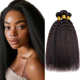 Kinky Straight Bundles Human Hair Natural Black Yaki Human Hair Bundle 16 18 20 Inch Kinky-Straight Hair Weave Unprocessed Remy Hair Extensions