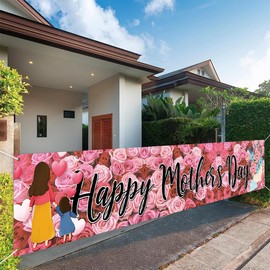 118 x 20 Inches Flowers Rose Yard Sign Happy Mother's Day Banner Holiday Hanging Decor Mom Party Supplies for Indoor Outdoor Garden Fence Balcony Welcome Home Decor