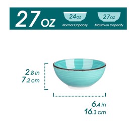vancasso Bonita 27 Oz Cereal Bowls Set of 6, Blue Ceramic Bowls for Soup, Salad, Serving, Pasta, Ramen, Noodle, Dishwasher & Microwave Safe