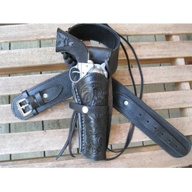Gun Belt - Leather - 45 Caliber - Black Color with Right Handed Tooled Holster Combo (Black, 40")