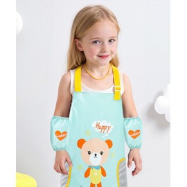 LIMHOO 2-in-1 Kids Art Apron Set Waterproof Graffiti Painting Crafting Apron for Children with Wipe-Clean Coral Fleece Panels (Green Bear-M)