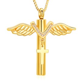 XSMZB Wings Cylinder Cremation Jewelry for Ashes Pendant Cross Urn Necklace for Ashes for Men Women Keepsake Locket Jewelry(Gold)
