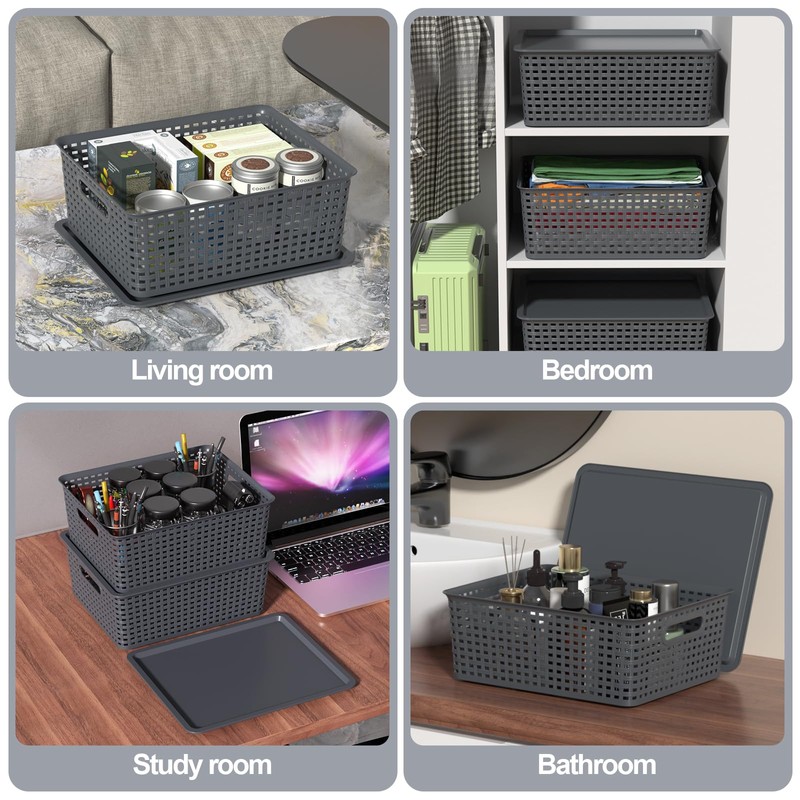 6-Pack Plastic Storage Baskets with Lid, Organizer Bins, Gray