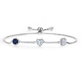 Gem Stone King 1.82 Ct Round Blue Sapphire Sky Blue Aquamarine 925 Sterling Silver Bracelet For Women
