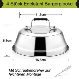 Joyfair Burger Bell, Pack of 4 Stainless Steel Burger Bell with Rubber Handle, Melting Bell with Screwdriver for Grill, Steak, Cheese, Teppanyaki, Outdoor & Indoor, Heavy Duty & Dishwasher Safe - 16.8