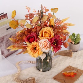 Artificial Flowers in Vase, Faux Flowers with Vase, Silk Fall Orange Rose Flower Arrangements with Copper Lights for Home Decor Indoor, Table Centerpiece Decor, Bathroom Room, Farmhouse