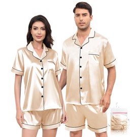 YOPUGEE Mens Pajamas Set Satin Silk Short Sleeve Sleepwear Button Down Pjs Shorts Set with Pockets, Champagne-XL