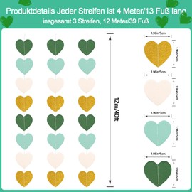 Love Heart Garland Hanging Streamers, 12m Reflective Paper Hanging Garlands, Paper Garland Hanging Streamer for Wedding Birthday Bridal Shower Anniversary Decorations (Green White Gold-glitter)