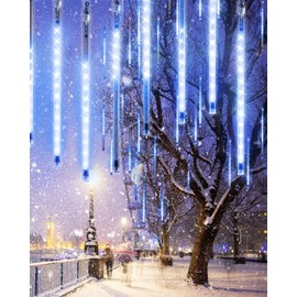 Blue 20 Tubes Meteor Shower Icicle Lights 480 LED Raindrop Lights with Timer Function Cascading Lights Falling Rain Lights for Holiday Party Christmas Decorations