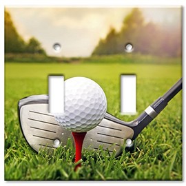 Art Plates - Double Gang Toggle OVERSIZE Switch Plate - OVER SIZE Decorative Metal Wall Plate - Golf Club and Ball - (Made in USA)