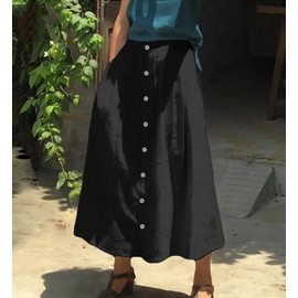 chouyatou Women's High Waisted Button Front Skirt A-Line Pleated Cotton Midi Long Skirt with Pockets, Black, XX-Large