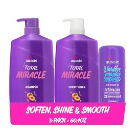 Aussie Total Miracle Paquete de Cuidado Capilar: Champú, Acondicionador y Tratamiento Profundo en 3 Minutos con Albaricoque y Aceite de Macadamia, Sin