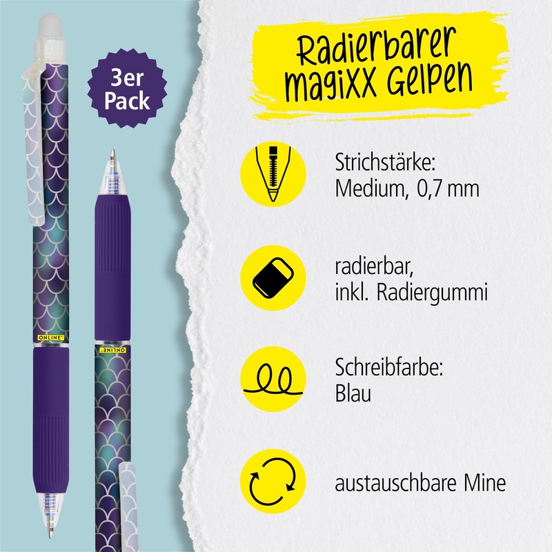 Online magiXX, 3 x Shiny Dreams Erasable Gel Pen Blue