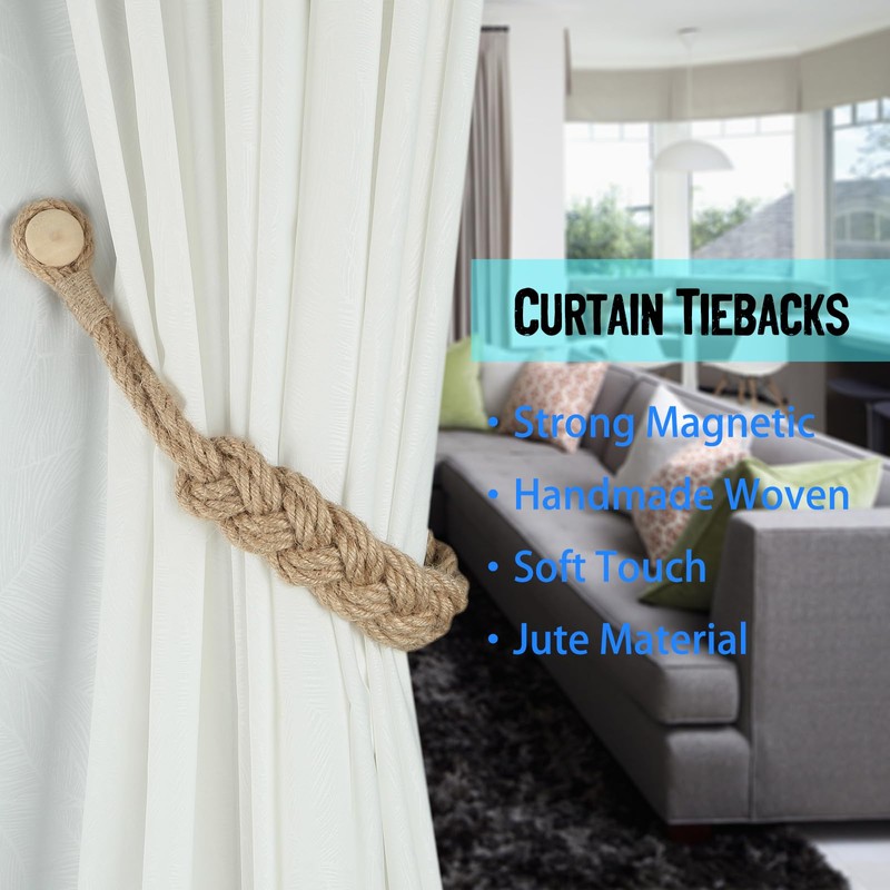 BEL AVENIR Jute Curtain Tiebacks Magnetic Woven Curtain Holdback Drapery