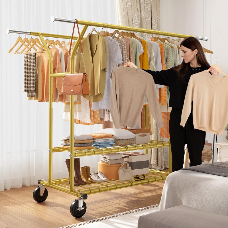 Raybee 74" W Heavy Duty Clothes Rack, Double Rods Gold