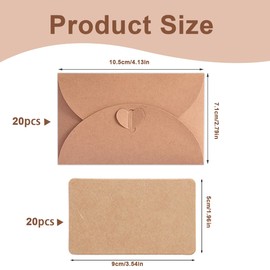 20 Kraft Envelopes, 20 Blank Paper Cards, Small Envelopes, Mini Envelopes with Heart Seal for Money Gifts, Thank You Cards, Invitations