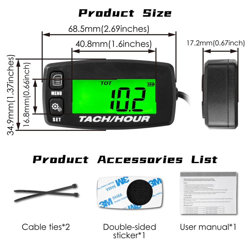 NInE-ROnG Self Powered Digital Tachometer Hour Meter,Inductive Maintenance Waterproof Backlit