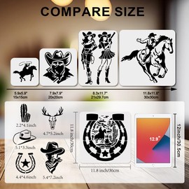 MAYJOYDIY 22 Piece Western Cowboy Stencils Set Cowboy Boots Painting Stencils 15 ~ 30 cm Reusable Cowgirl Horse Drawing Template with Brush for Crafts on Window Wood Wall Home Decoration