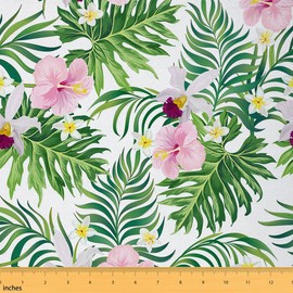 Feelyou Tropical Flowers Fabric by The Yard, Jungle Floral Palm Leaf Design Illustration Upholstery Fabric for Chairs and Home DIY Projects, Summer Decorative Waterproof Fabric, 1 Yard, Pink Green