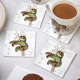 Set Of 4 Ceramic Coasters Sloth Bug Art Square Drinks Mats Non Slip Cork Back