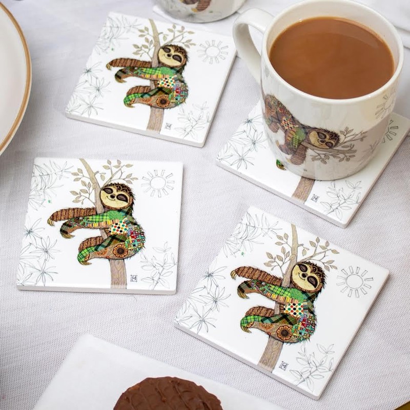 Set Of 4 Ceramic Coasters Sloth Bug Art Square Drinks