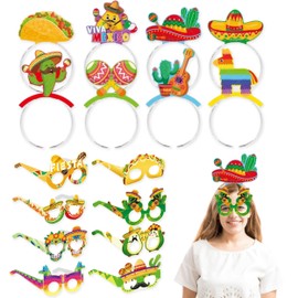 16 Pcs Fiesta Party Supplies, 8Pcs Mexican Sombrero Headband and 8Pcs Mexican Party Glasses for Fiesta Carnival Party Favor
