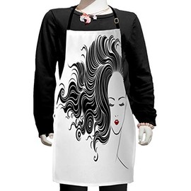 Ambesonne Hair Salon Apron, Minimalist Hand-Drawn Lady with Curly Hair and Long Eyelashes, Small Apron Bib with Adjustable Ties for Baking Painting, Small Size, Dark Coral Black