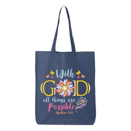 shop4ever With God All Things are Possible Matthew 19:26 Eco Cotton Tote Reusable Shopping Bag Navy 1 Pack