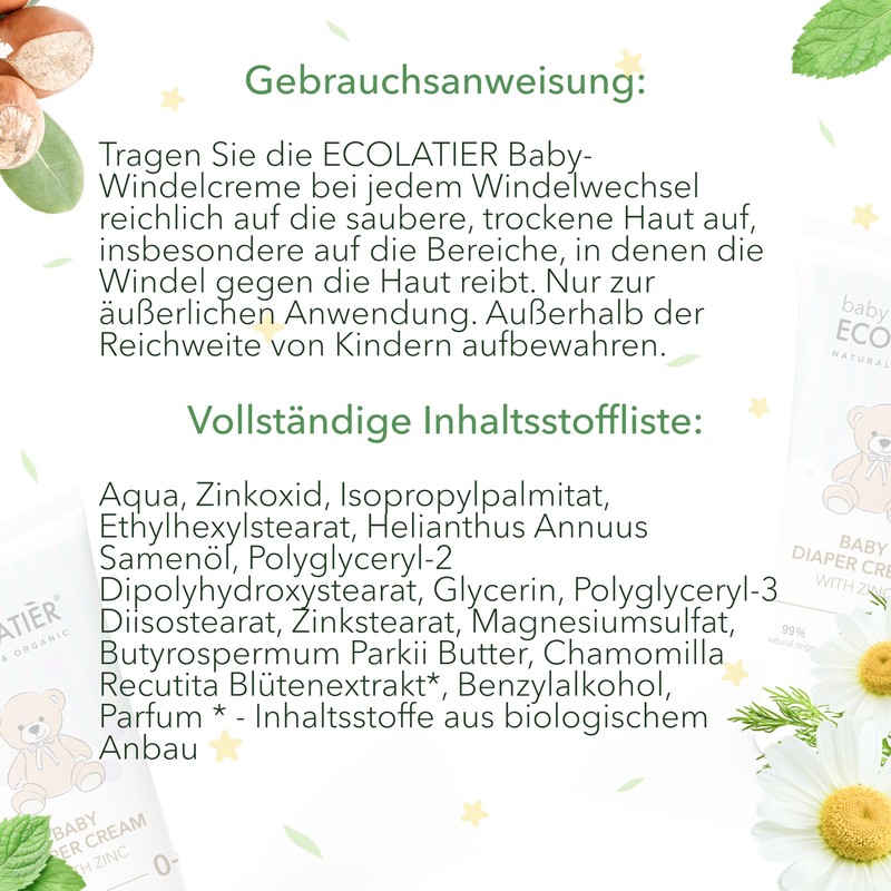 Ecolatier Zinc Oxide Baby Nappy Cream, 100 ml, Vegan Certified,