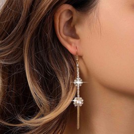 Aneneiceera Vintage Pearl Slim Chain Earrings Crystal Pearl Tassel Drop Earrings Gold Metal Fringe Chain Earrings CZ Pearl Fringe Tassel Earrings Jewellery For Women, Zinc