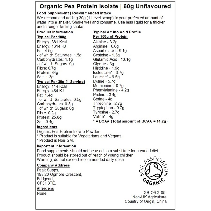 Organic Pea Protein Isolate - BCAAs - Whey Alternative -