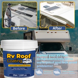 Qiveaory 1Gal/133Fl.oz Liquid Rubber Rv Roof Coating White Waterproof Sealant Camper Roof Repair Solar Reflective Sealant with Wooden Brush Putty Knife Work Gloves Paint Roller Drywall Repair Tape