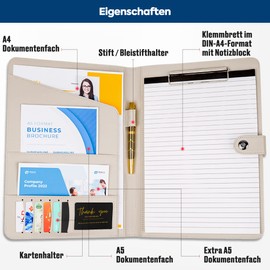 AMKSONS Geschäft AMKSONS Schreibmappe A4 in Hell Grau inklusive Klemmbrett & DIN A4 Notizblock - Premium Konferenzmappe aus PU-Leder mit Dokumentenfächern, Stiftehalter, Klappdeckel und Magnetverschluss