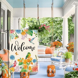 Tikeciti Summer Hummingbird Parrot Welcome Garden Flag 12 x 18 Inch Double Sided, French Vintage Peony Floral Farmhouse Burlap Small Yard Flag Seasonal Holiday Outdoor Outside Decoration