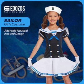 Edozos Children's Sailor Girls Fancy Dress Costume Set Hat + Dress + Gloves ~ School Play Book Week Themed Party Cosplay Navy Marine Yacht Outfits (7-9 Years)