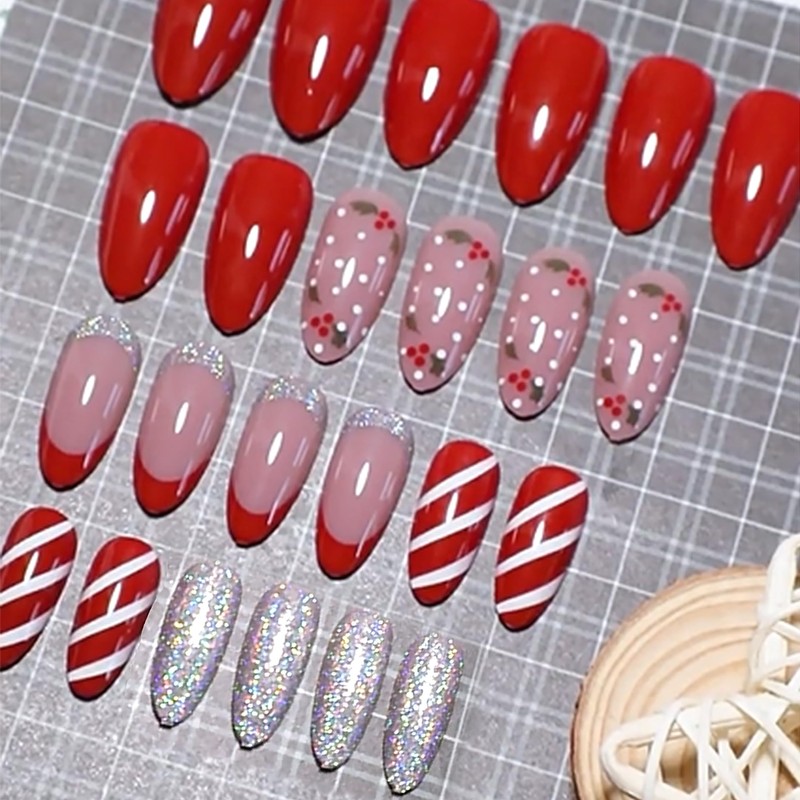 Christmas Stick on Nails - 24PCS Red French Tip False