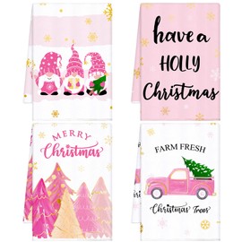 Sratte 4 Paños de Cocina Navideños Rosas de Copo de Nieve de 16 x 24 Pulgadas Toallas de Mano de Gnomo Árbol de Navidad Toallas de Té Blancas Rosas de Granja Trapos de Cocina Absorbentes (Árbol)