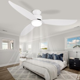 White 52 inch Ceiling Fans with Lights and Remote, 3 Blade Modern Low Profile Ceiling Fan, 6 Speeds Quiet Reversible DC Motor, 3 Color Dimmable LED Light for Bedroom Living Room Indoor Patio White